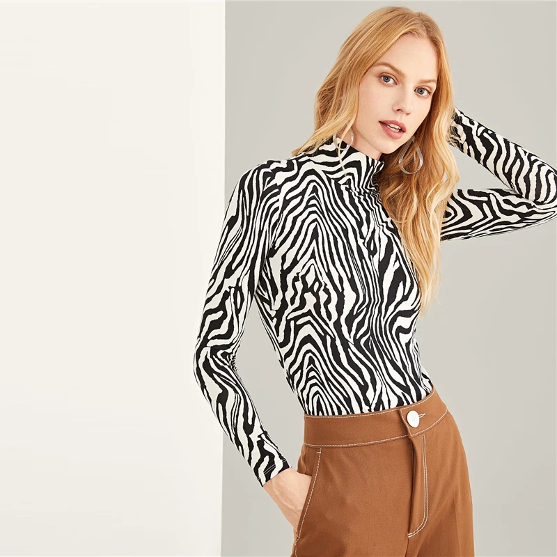 SHEIN Водолазка С Высоким Воротом С Принтом Зебры Женские Демисезонные Элегантные Джемперы С Длинными Рукавами