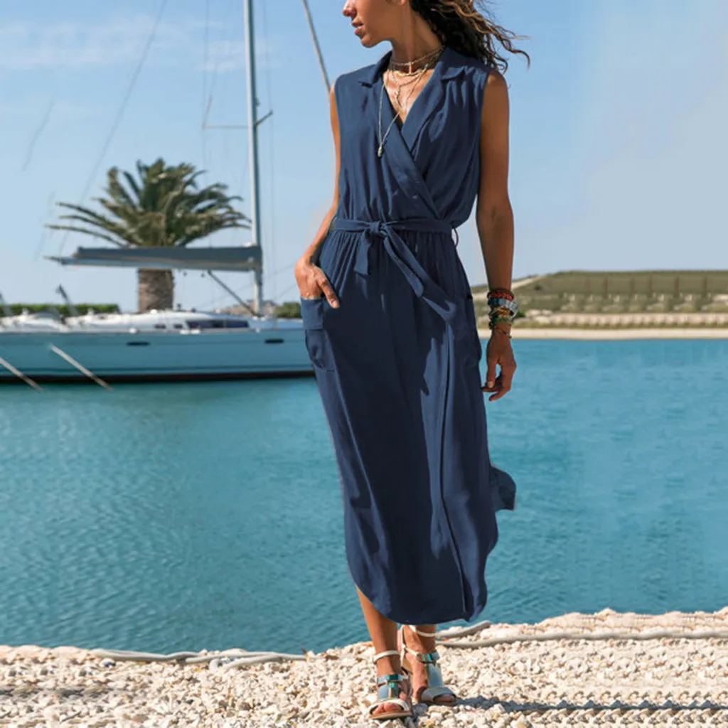 robe femme Women Casual Sleeveless Solid Cross V-Neck Pockets Belt Loose Maxi Long Dress grande taille #BY30 | Женская одежда