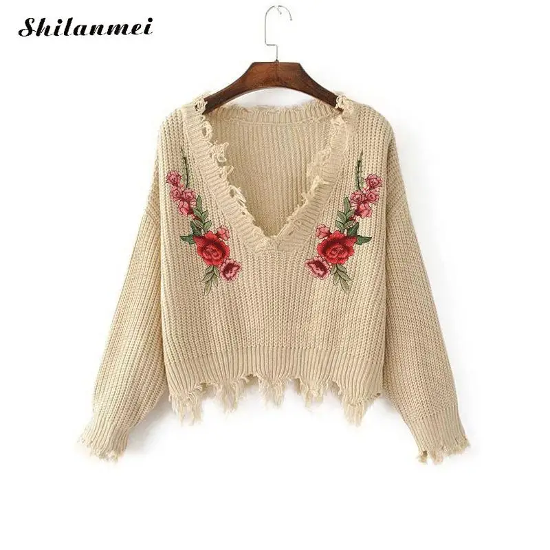 

Autumn Winter Women Sweaters Pullovers V Neck Embroidered Floral Sweater Loose Long Sleeve Cropped Knitted Jumpers Sueter Mujer