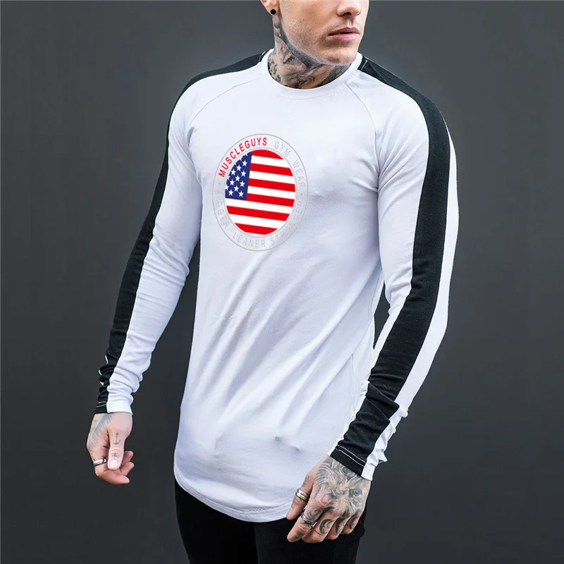 

Muscleguys 2021 New Patchwork T Shirt Mens Black And White cotton T-shirts Autumn Skateboard Tees Boy Slim Fit Skate Tshirt Tops