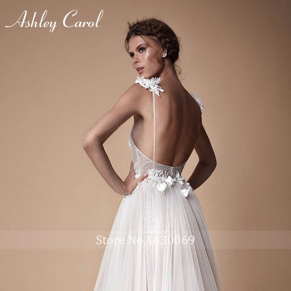 Пляжное свадебное платье Ashley Carol 2022 на тонких бретелях с открытой спиной цветами