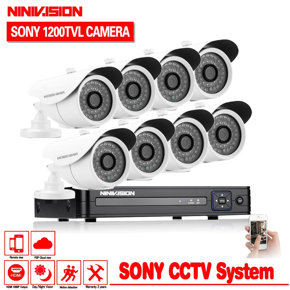 Камера видеонаблюдения NINIVISION видеорегистратор NVR HVR 960H 1080p 8 канальный 1200TVL белая