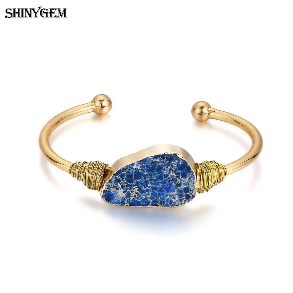 ShinyGem браслет с природными камнями винтажный необычный большой Jaspers камень браслет ручной работы Золотая проволока открытый манжета браслеты для женщин - Окраска металла: Dark Blue