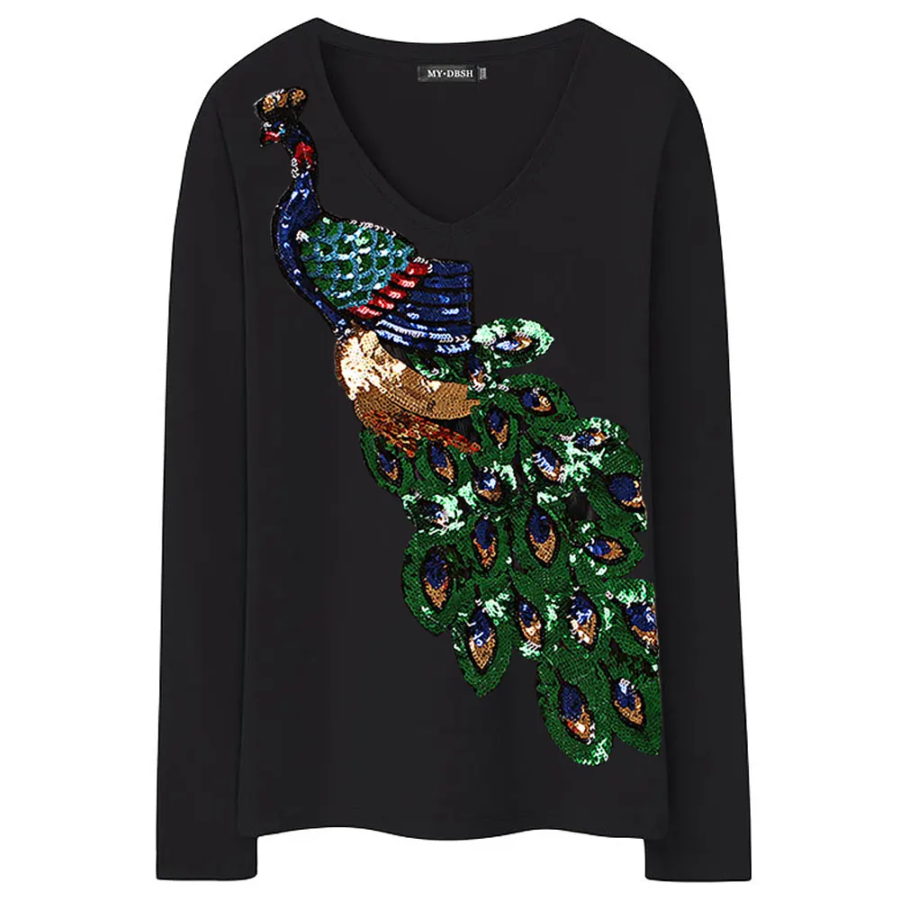 Женские футболки с блестками и длинным рукавом женская футболка павлиньими