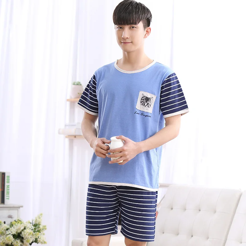 1077 Для мужчин летние пижамы с рисунком кошки синий топ + Полосатые укороченные