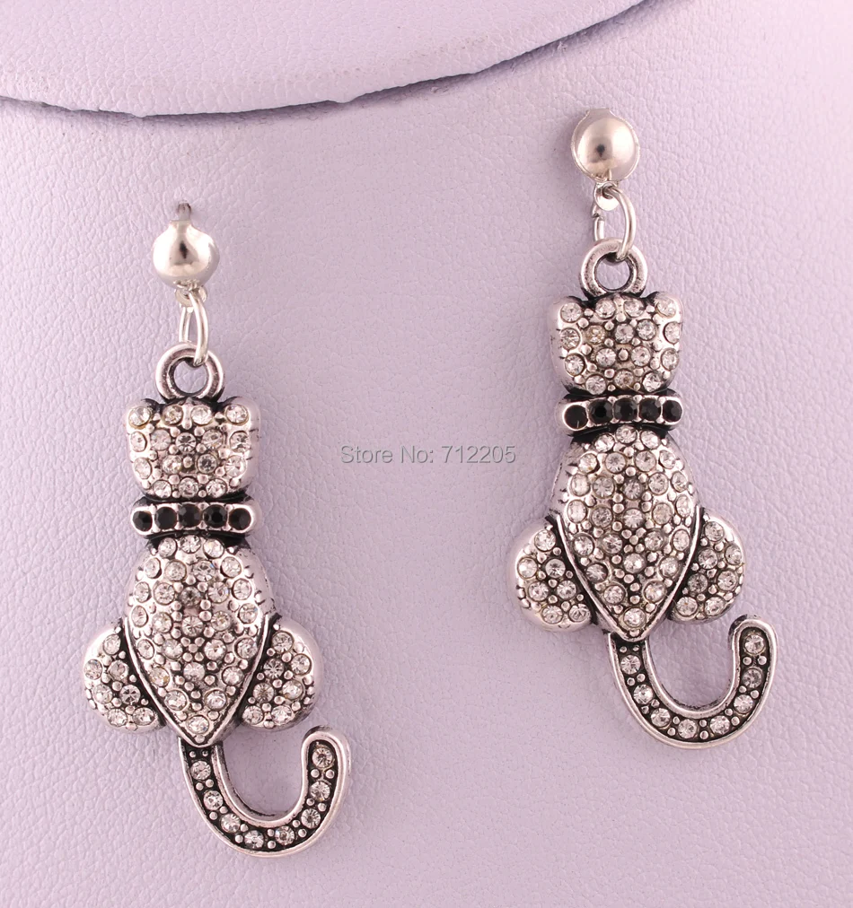 17mm*33mm Antique silver plated zinc studded with sparkling crystals Love Cat pendant Drop Earrings | Украшения и аксессуары