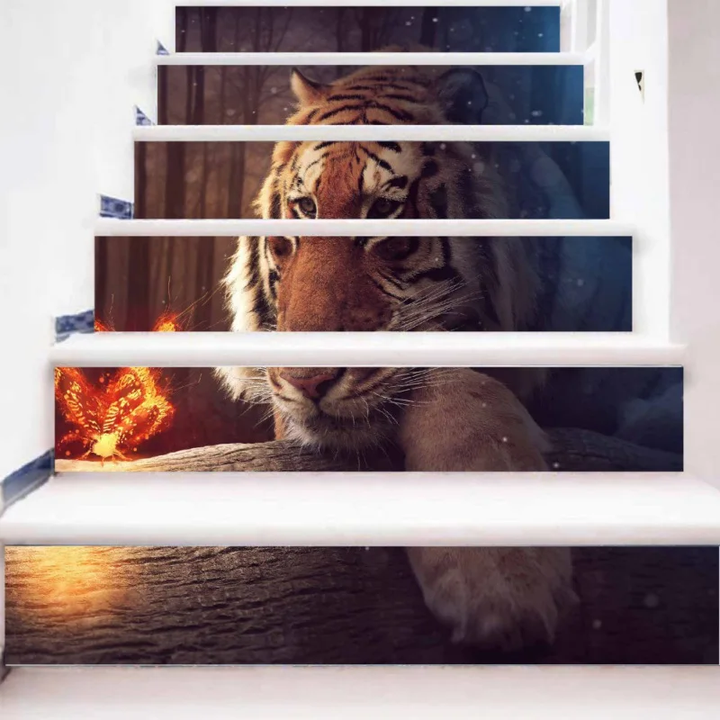 6 шт 3D наклейки на стену для книг, для дома, сделай сам, модные наклейки на лестницу, большие наклейки, эскальер, тигровый 3d стикер, тигр