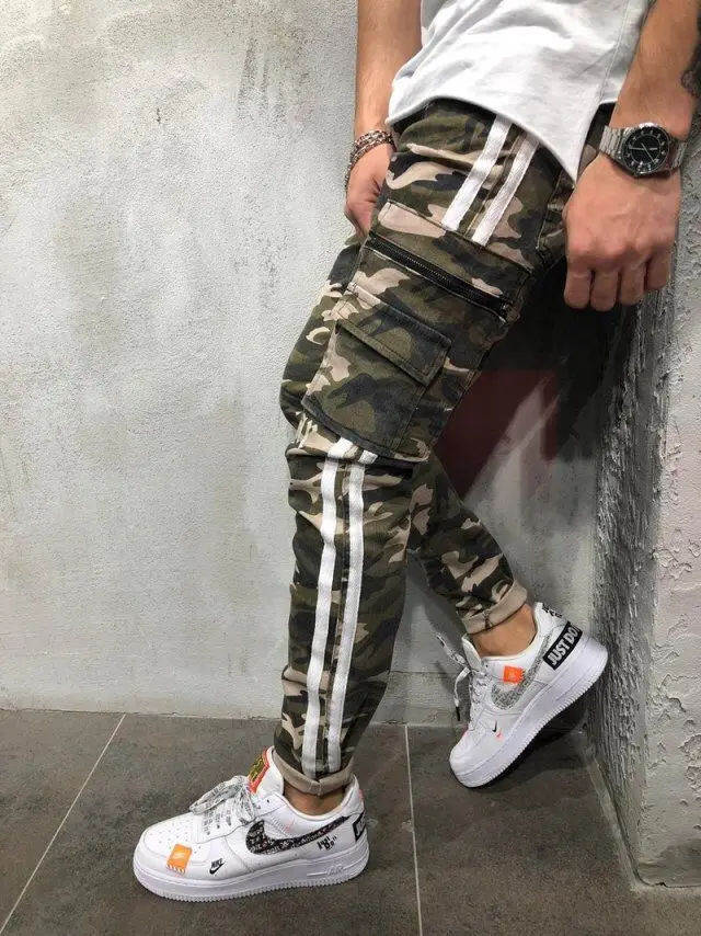 New Masculina Jeans Men 2020 Nouveau Multi Pocket Mens Denim Side Webbing Camouflage Hip Hop Heren De | Мужская одежда
