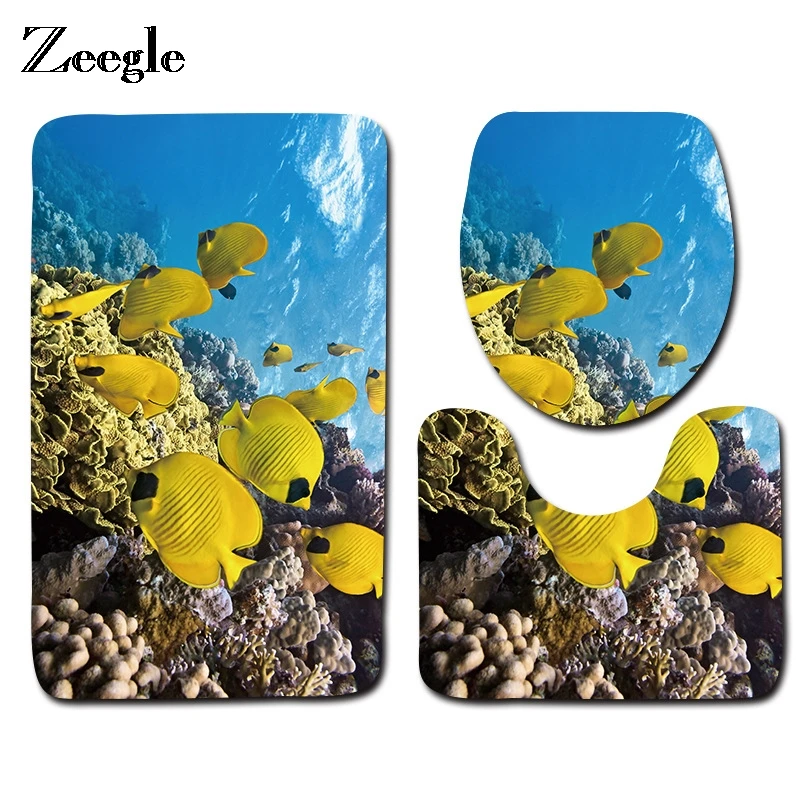 Zeegle 3D ковры для ванной с принтом рыбы 3 шт. в комплекте Противоскользящий коврик