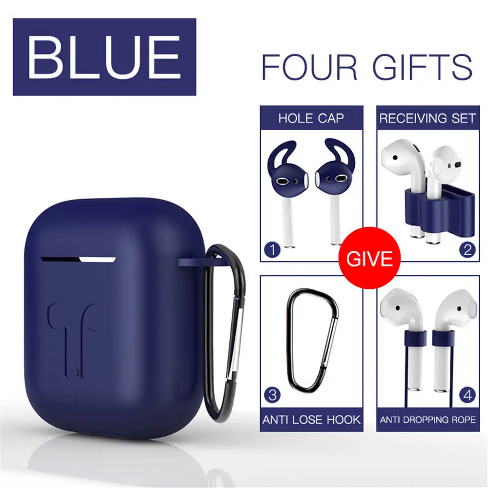 Blue 5 шт./компл. Силиконовые чехлы с цепочкой для ключей крюк для Apple Airpods защитный чехол ремень держатель Air стручок селфи-Палка с Bluetooth гарнитура аксессуары - Цвет: Blue