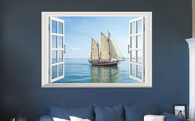 Огромный вид на океан 3D окно парус лодка море настенные стикеры художественные