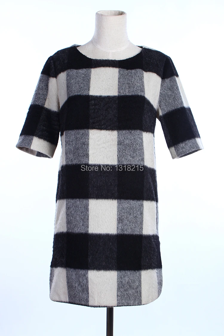 Europe station 2014 A/W fashion women's plaid print PU leather splicing short sleeve woolen dress ladies casual pencil | Женская