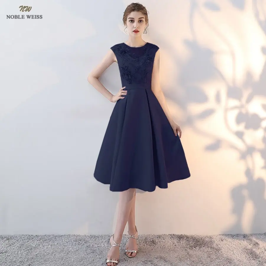 navy blue Платья для выпускного вечера, платье для выпускного вечера с круглым вырезом, сексуальные атласные аппликации, платья для выпускного вечера со шнуровкой на спине, ТРАПЕЦИЕВИДНОЕ ПЛАТЬЕ длиной до колена - Цвет: navy blue