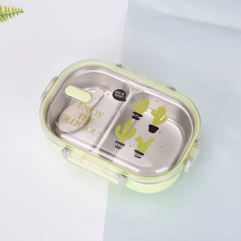 Cartoon Lunch Box 304 Stainless Steel Lunchbox Food Container Portable for Kids Kids Picnic School Bento Box Lancheira Termica - Цвет: Green