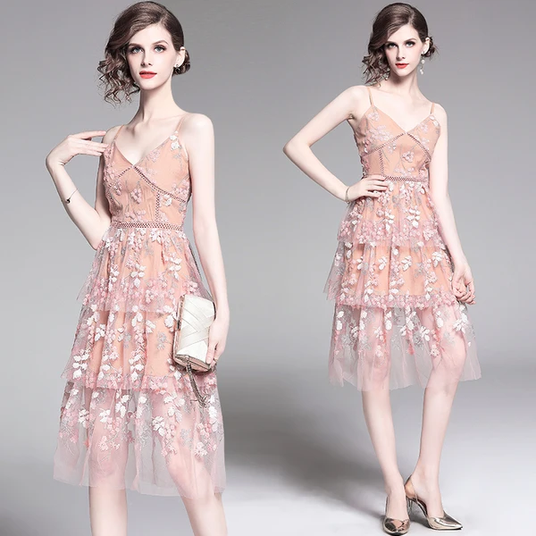 Женское Сетчатое платье с вышивкой SHTONGHUA розовое облегающее на бретельках