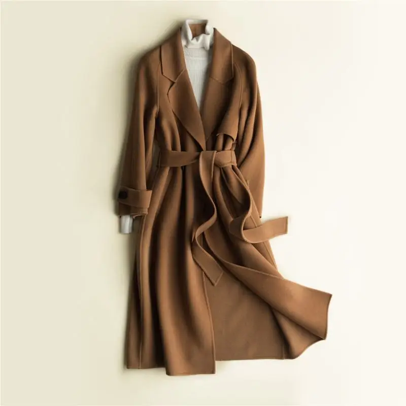 New Autumn Winter Pure Handmade Cashmere Coat Women Trench Cardigan Double Faced Wool Jacket Ladies Solid Overcoat X28