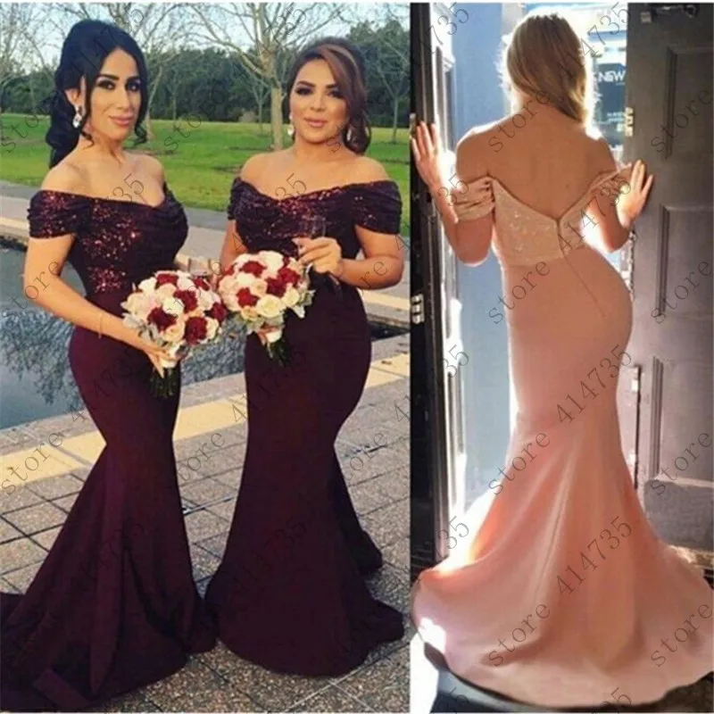 

New Wine Red long mermaid junior bridesmaid dress bruiloft off the shoulder gold sequin bridesmaid dress