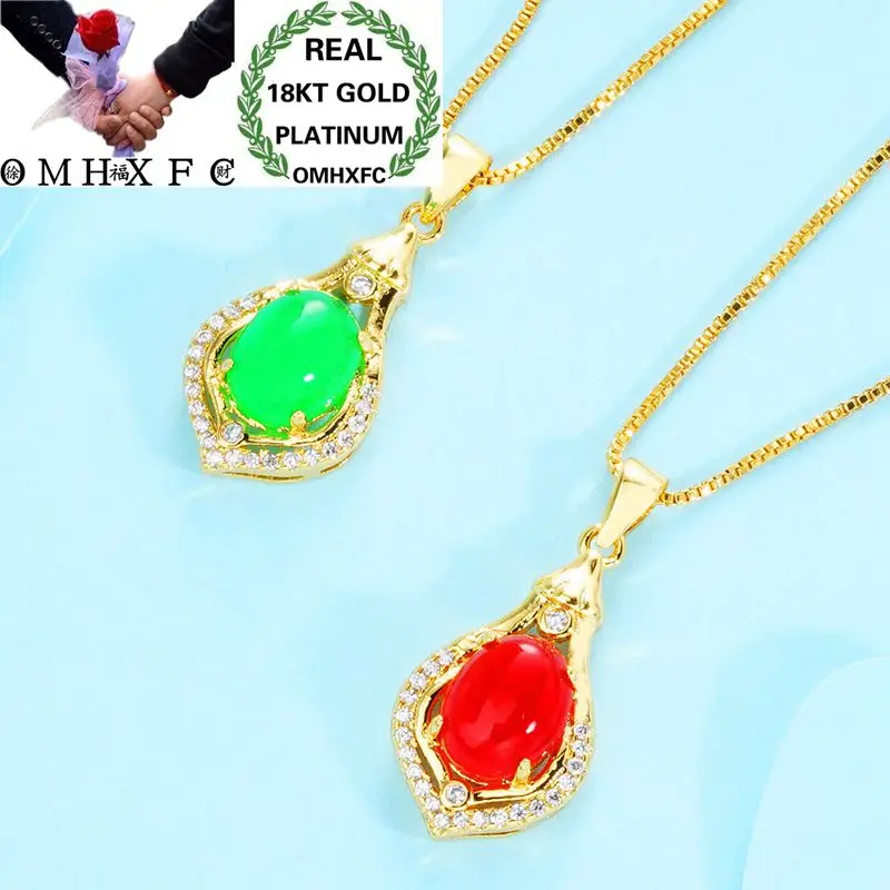 

OMHXFC Wholesale European Fashion Woman Party Birthday Wedding Gift Green Water Drop Zircon 18KT Real Gold Charm Pendant PN112