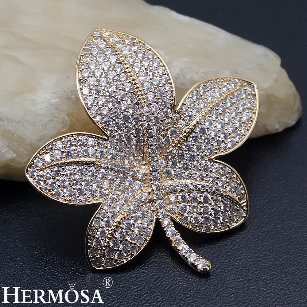 HERMOSA JEWELRY Exquisite Zircon Lucky Leaf Design Brooch For Women Yellow Gold Pins Brooches Shiny Party Gift Wedding Jewellery | Украшения