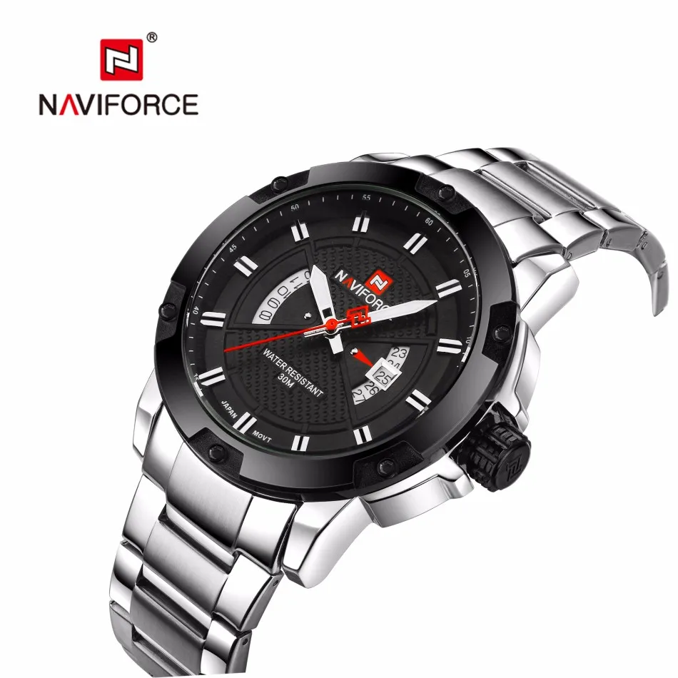 Часы мужские NAVIFORCE брендовые полностью стальные армейские часы Мужские кварцевые часы спортивные наручные часы relogio masculino - Цвет: silver black