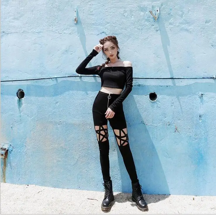 Женские леггинсы в стиле панк демисезонные|Брюки| |