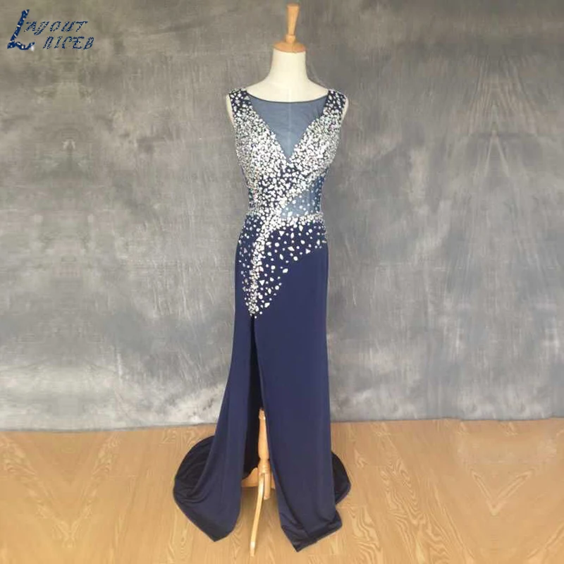 2015 vestido de formatura темно синий пикантный Разделение бисерное платье для выпускного