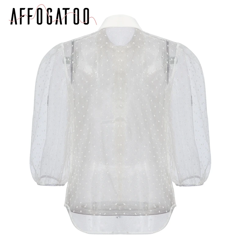 Afogatoo, элегантная шифоновая белая блузка с сеткой, рубашка, офисная, для девушек, с длинным рукавом, на пуговицах, летний топ, для женщин, на каждый день, модные топы для женщин