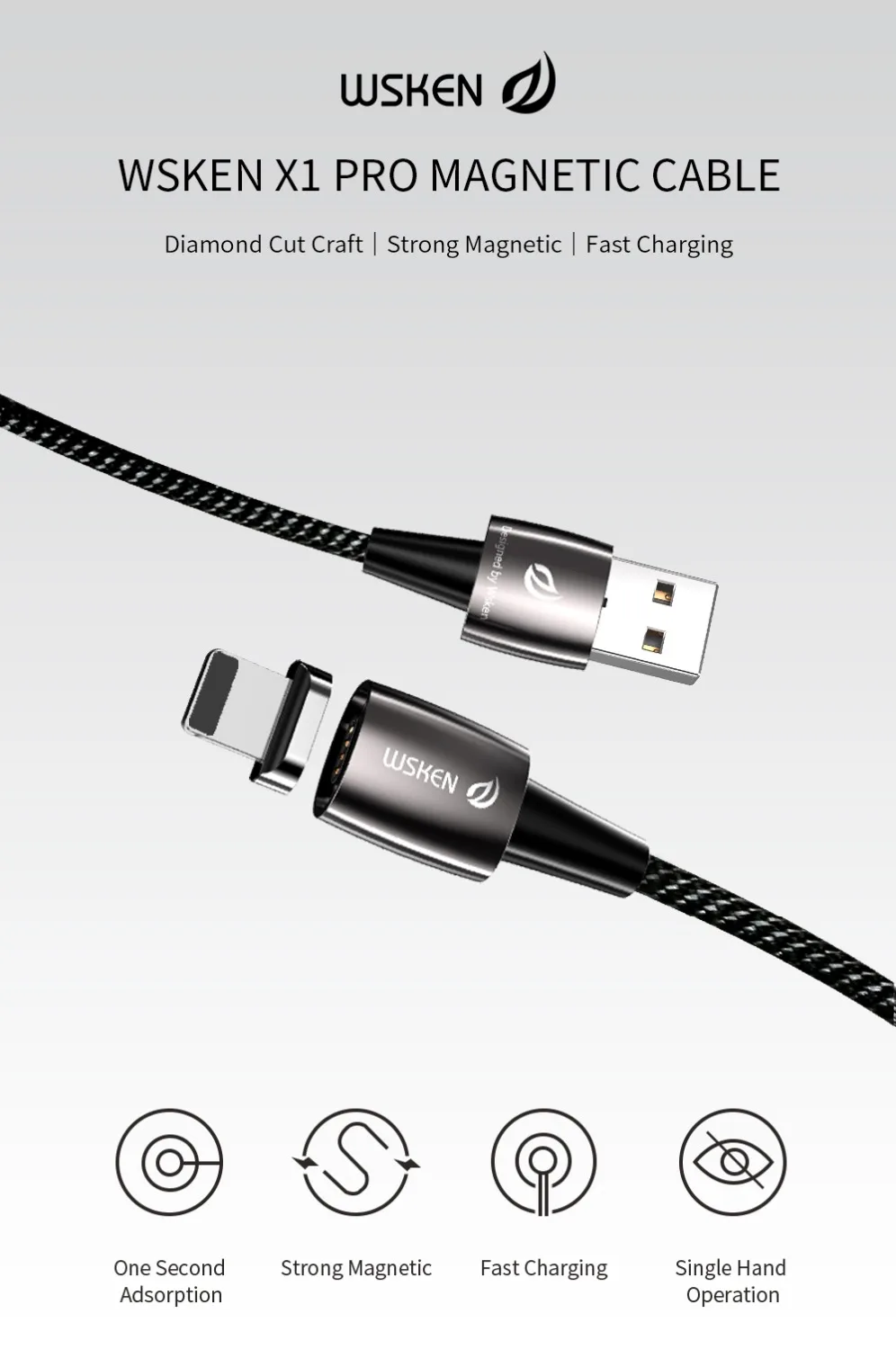Магнитный зарядный кабель WSKEN X1Pro для iPhone, зарядное устройство, кабель Micro USB 3A, Быстрый usb type C, USB C, магнитный кабель, провод, шнур, адаптер