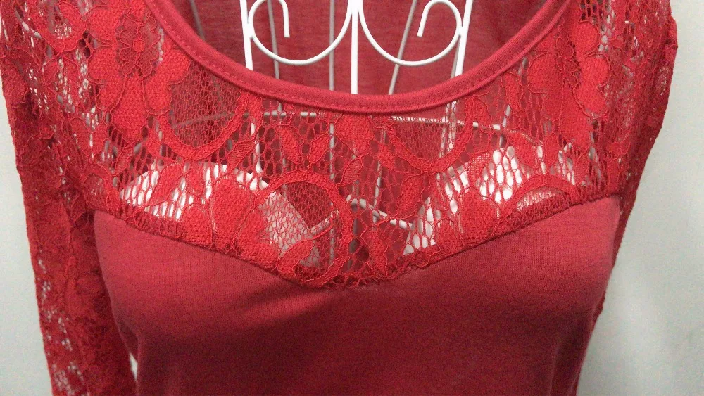 MOBTRS Кружевная футболка женская модная с круглым вырезом и Длинными Рукавами