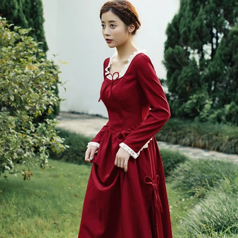 Spring Autumn Women Dress Court Style Vintage Lace Elegant Ladies Slim Corduroy Sexy Slit Wine Red Long Clothes | Женская одежда
