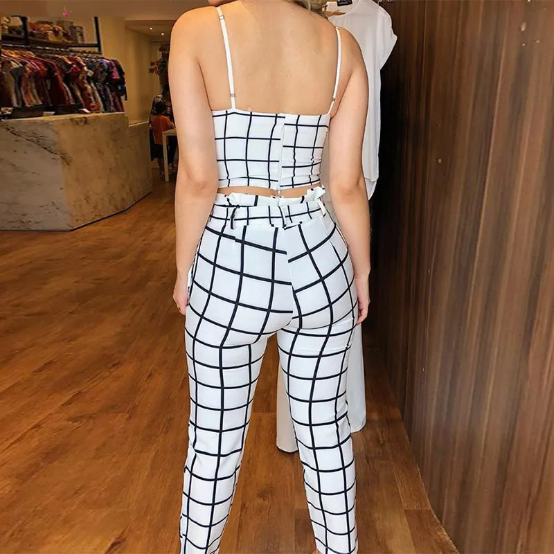 Women Two Piece Sets Summer Short Sleeveless Grid Plunge V-neck Wrapped Plaid Cami Top High Waist Bodycon Ankle-length Pants