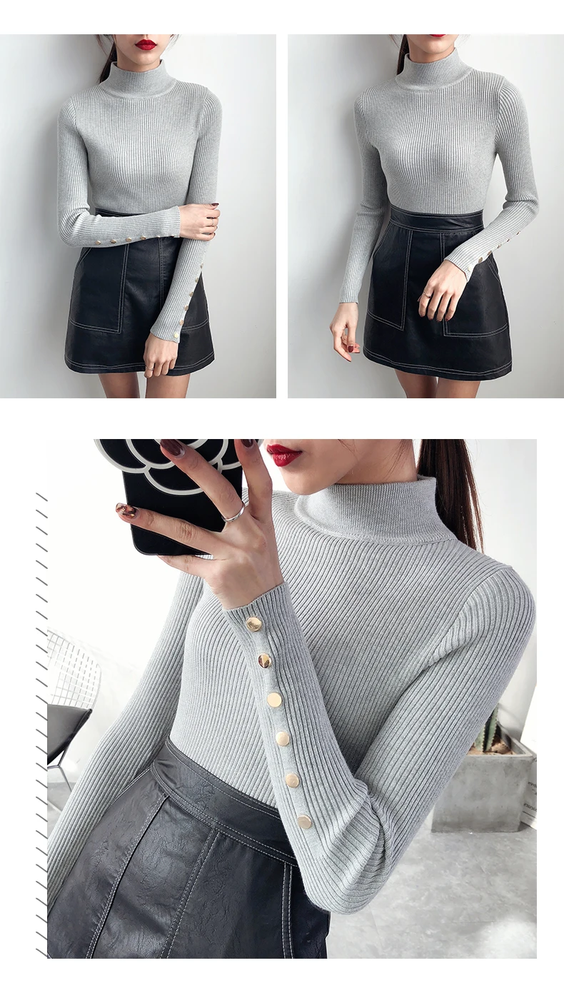 OHCLOTHING модный полукорейский весенний свитер с пуговицами и рукавами женские топы Женский вязаный Модный пуловер с высоким воротом