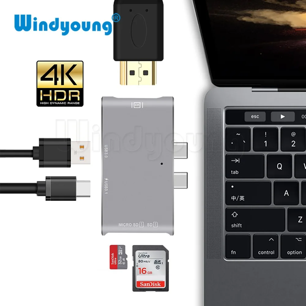 USB концентратор Windyoung HDMI 4k для MacBook Pro thunderbolt 3 Type C с кардридером TF SD карт быстрое