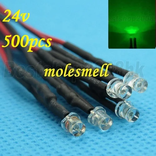 Free shipping 500pcs 3mm 24v Flat Top Green LED Lamp Light Set Pre-Wired 3mm 24V DC Wired 3mm big/wide angle green 24v led