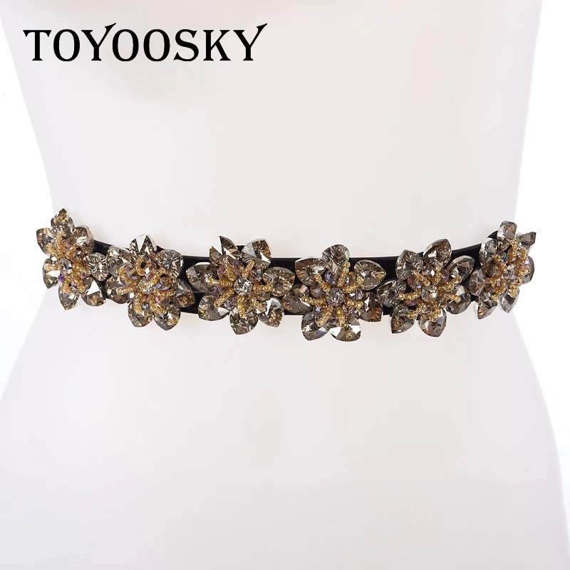 

2019 Vintage Rhinestone Woman Belt All-match Bling Elastic Crystal Black Flower Double Snap Belt for Women Dress Luxury Designer