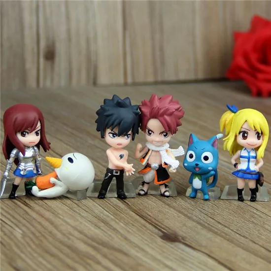 

10 sets Fairy Tail figure 6 pcs/set Natsu Lucy Erza action toys anime Happy key chains mini doll for gift free shipping