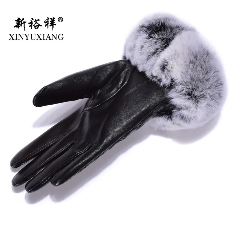Genuine Leather Real Rex Rabbit Fur Gloves Women Touch Screen Fashion Bowknot Black Winter Female Sheepskin elegant gloves 2017 |