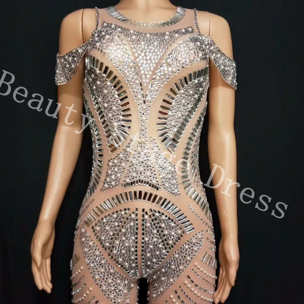 Sparkly Silver Rhinestones Mesh Jumpsuit See Through Birthday Celebrate Outfit Nightclub Party Dance Female Singer Show Clothes