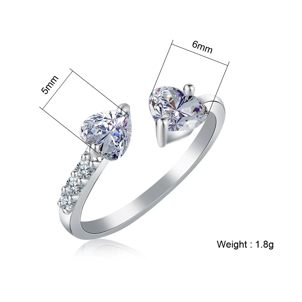 Double Heart Clear Crystal Opening RING for Women Females Ladies Party Engagement Wedding Daily Gold Color Jewelry Accessory | Украшения и