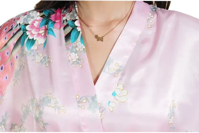 Розовое китайское женское шелковое мини-халат сексуальное кимоно банное платье