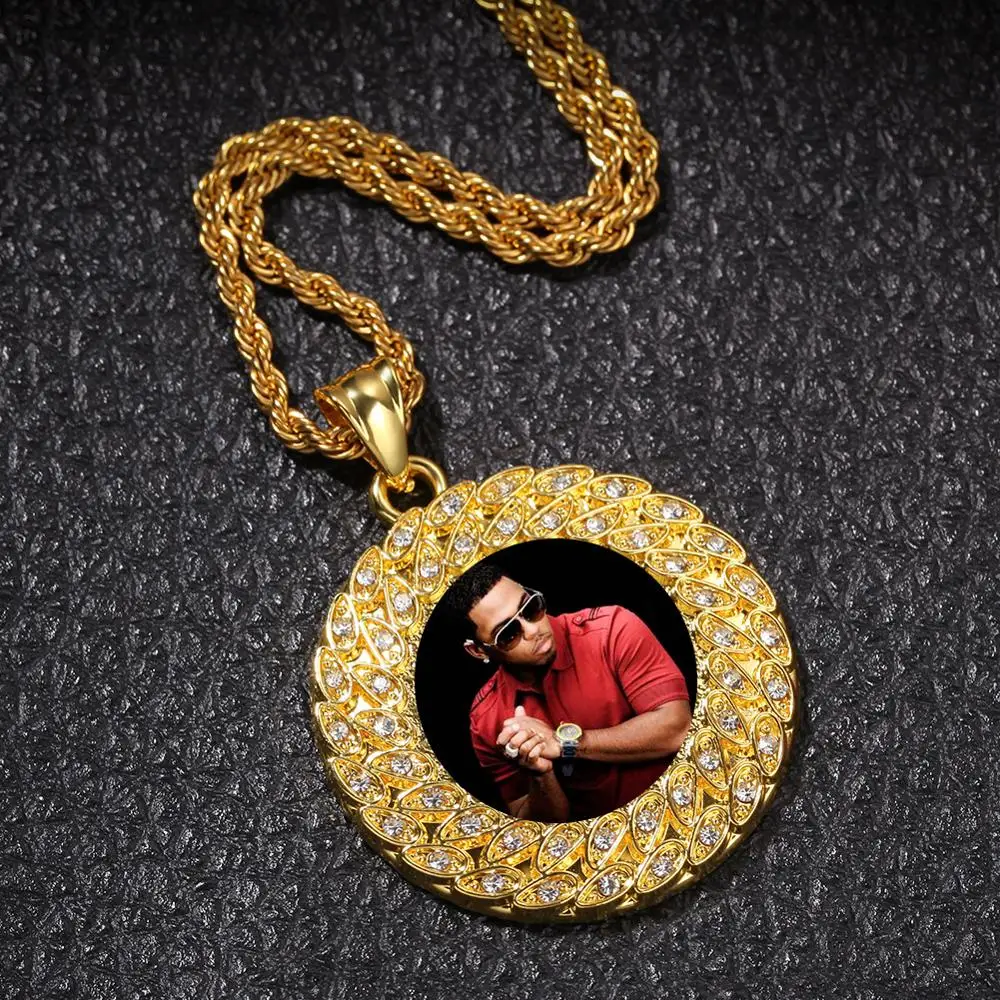 

New custom photo round hip hop pendant ice out AAA cubic zirconia rap men's necklace accessories