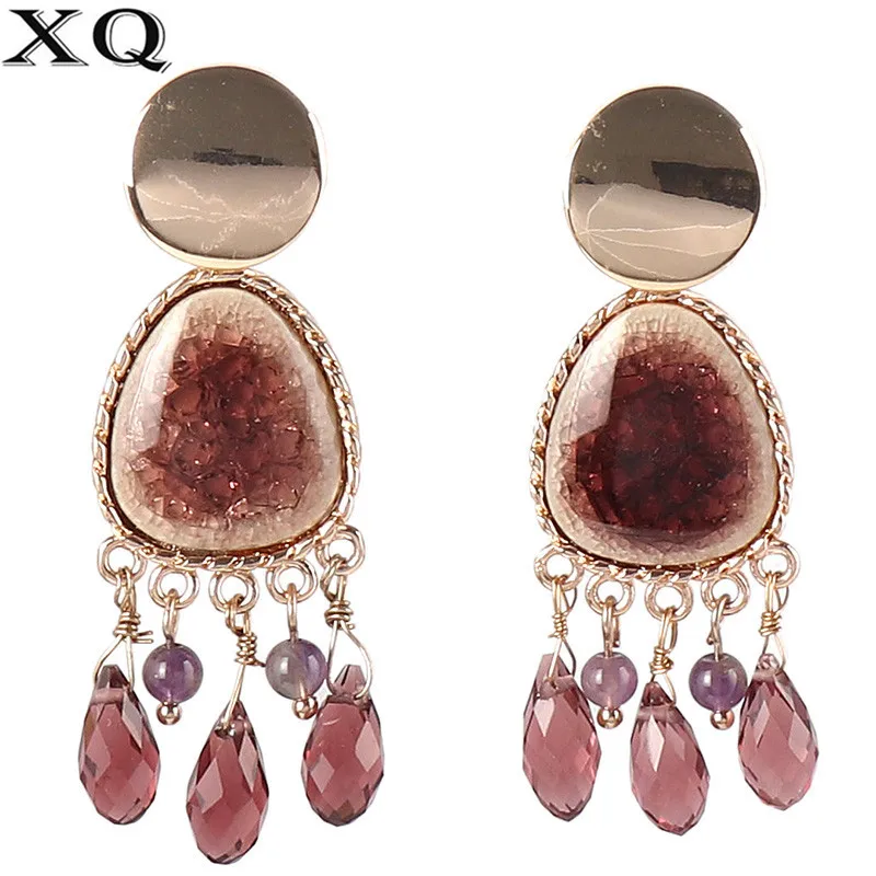 XQ wine red ceramic stone inlay drop pendant earrings alloy faceted glass fashion new jewelry accessories | Украшения и
