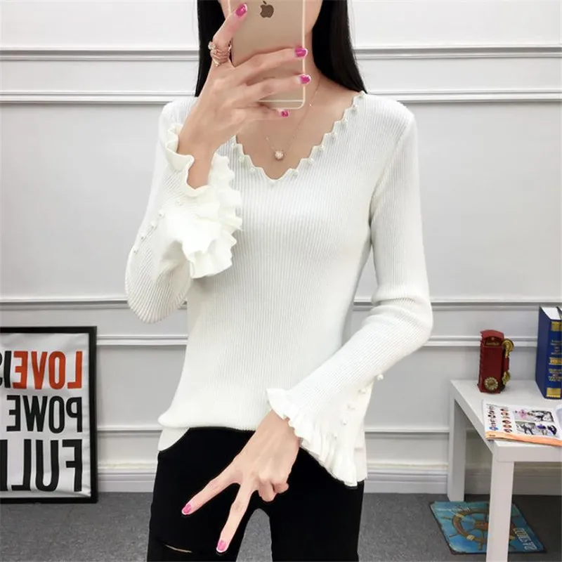 Pearls Beading Knitted Sweaters 2018 New Autumn Winter Women Slim V-Neck Flare Sleeve Cute Pullovers Female Tops 8 Colors D415 | Женская