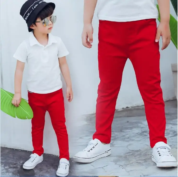 Красный Boy's and Girl white trousers new children's black casual pants boy slim feet red green black 2-10 years old - Цвет: Красный