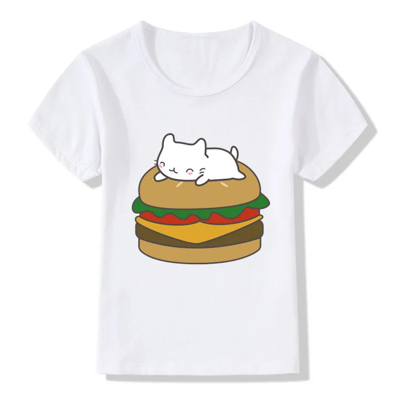 Детские футболки с изображением панды/кошек и гамбургеров детские летние топы