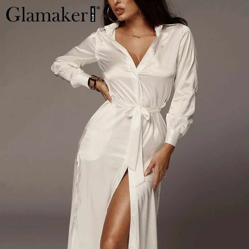Glamaker Сексуальное Женское Платье-макси из сатина с высоким разрезом летнее