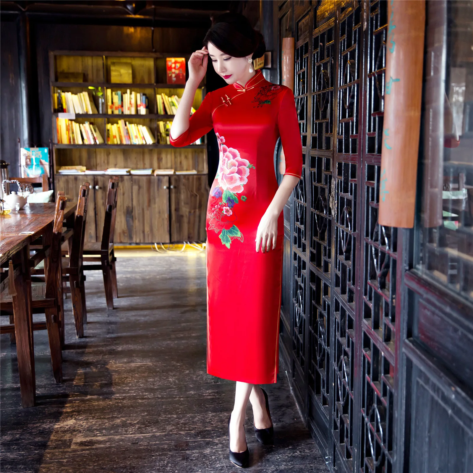 Женское традиционное красное платье Ципао китайское с рукавом для женщин