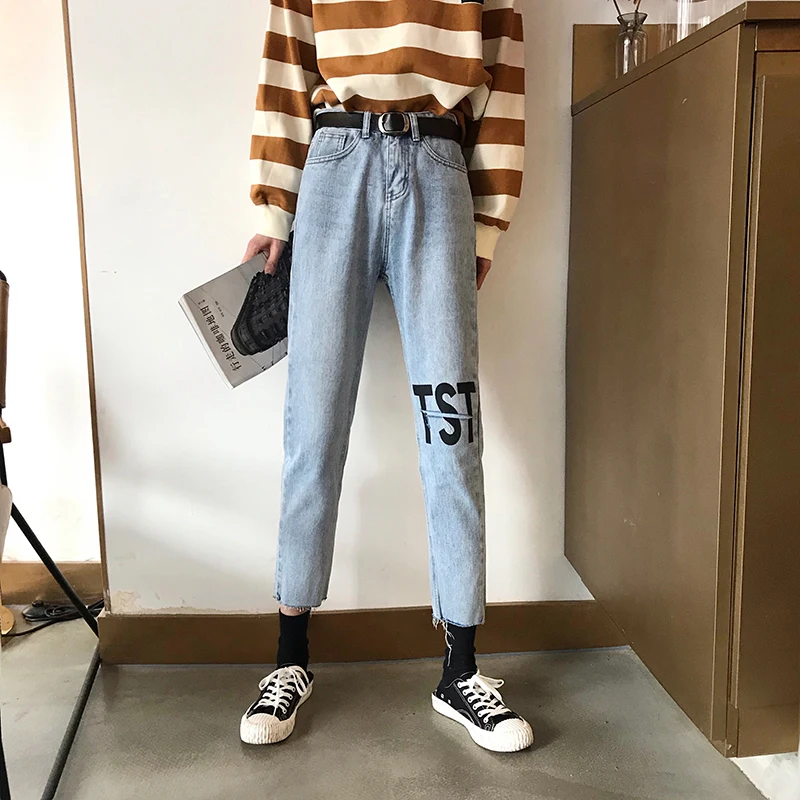 Для женщин брюки корейский Punk Chic Harajuku Ulzzang Письмо печати Высокая талия прямые