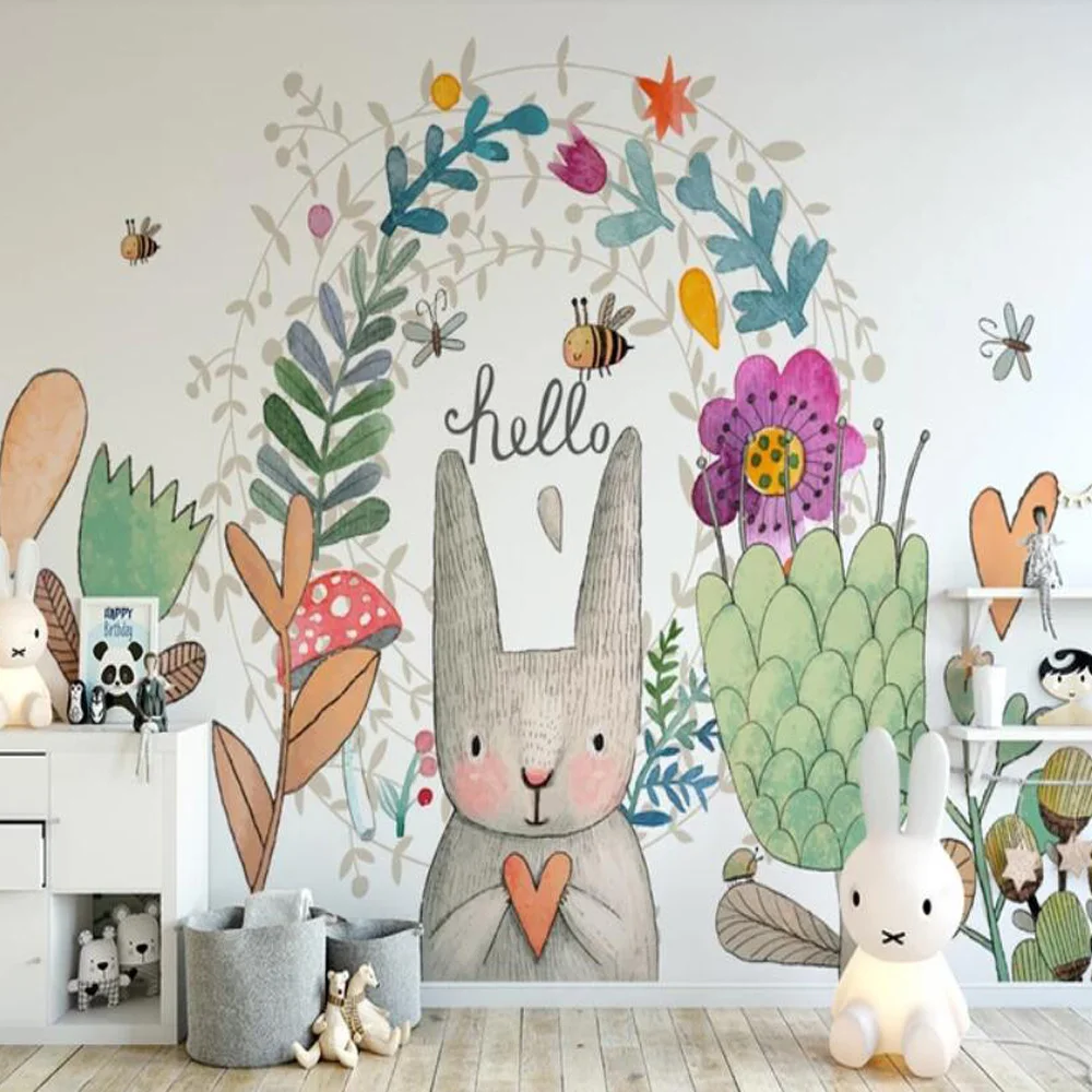 Hand Painted Carton Rabbit Flower Wallpaper Mural for Kids Bedroom Wall Decor Paper Rolls Contact Roll 3d Murals | Обустройство дома
