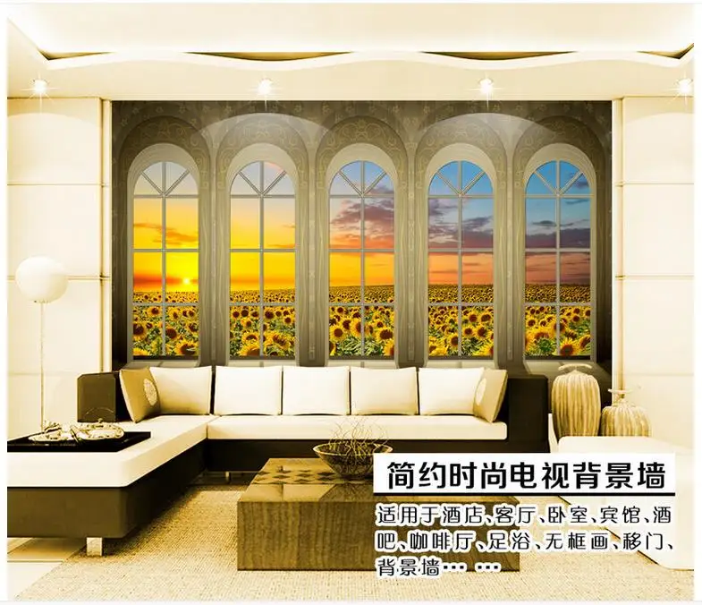 

3d фото обои на заказ 3d фрески обои пасторальный пейзаж подсолнухи цветы Европейский тип окно 3 d фон обои